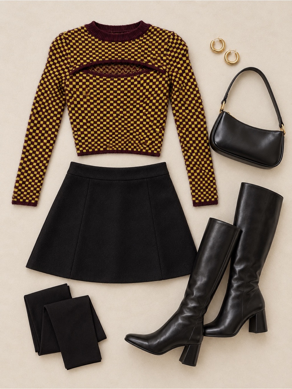 Zara Burgundy and Mustard Check Crop Sweater Top - Women